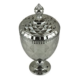 POTICHE CORATIVO C/PÉ CRISTAL DIAMOND CINZA METALIZADO 15x32