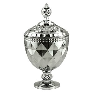 POTICHE CORATIVO C/PÉ CRISTAL DIAMOND CINZA METALIZADO 15x28