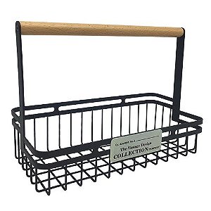 CESTA TALHERES COPOS FERRO MADEIRA 25X11X18CM PRETO