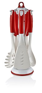 JOGO DE 5 UTENSILIOS EM NYLON COM SUPORTE BRANCO E VERMELHO