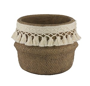 VASO DECORATIVO CIMENTO TASSEL PALHA 20x17cm