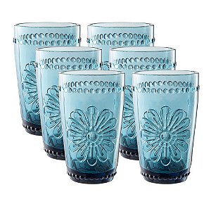 JOGO DE 6 COPOS WOODSTOCK EM VIDRO 355ML A13CM COR AZUL