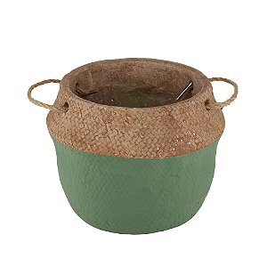 VASO DECORATIVO CIMENTO C/ALÇA VERDE/PALHA 21x18cm