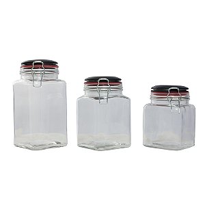 JG 3 PORTA MANTIMENTOS QUADRADOS VIDRO LISO 900ML/1,2L/1,5L