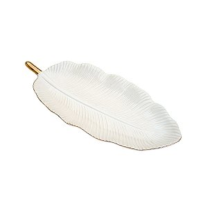 FOLHA DECORATIVA DE PORCELANA HELICONIA BRANCA C/BORDA DOURADA 33,5X14,5cm