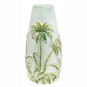VASO DECORATIVO CERÂMICA PALMEIRA BRANCO/VERDE 13x25cm