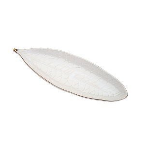 FOLHA DECORATIVA DE PORCELANA PACHIRA BRANCA C/BORDA DOURADA 31,5X12cm