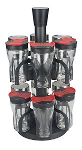 JOGO DE 12 PORTA CONDIMENTOS EM VIDRO COM SUPORTE DE PLÁSTICO
