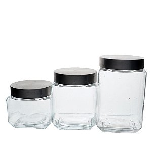 JOGO DE 3 PORTA MANTIMENTOS QUADRADOS EM VIDRO LISO COM TAMPA 790ML/1,2L/1,6L