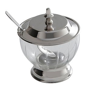 AÇUCAREIRO DE VIDRO COM TAMPA E COLHER DE AÇO INOX