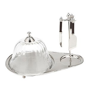 PRATO P/ QUEIJO DE AÇO INOX C/ TAMPA E 3 FACAS PARA QUEIJO