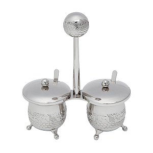 SALEIRO/PIMENTEIRO C/ 2 COLHERES E SUPORTE DE ZINCO