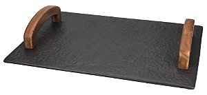BANDEJA RETANGULAR EM CERAMICA C/ ALCA EM MADEIRA 35.5X25.5CM