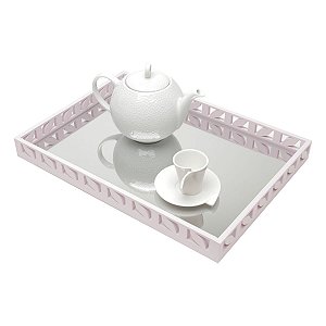 BANDEJA DE MADEIRA LAQUEADA ROSA C/ESPELHO 47X34X4,5cm