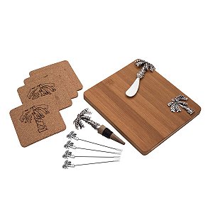 CJ 11 PCS P/APERITIVO C/TABÚA DE MADEIRA PALMEIRA PRATA 30cm