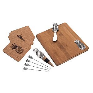 CJ 11 PCS P/APERITIVO C/TABÚA DE MADEIRA ABACAXI PRATA 30cm