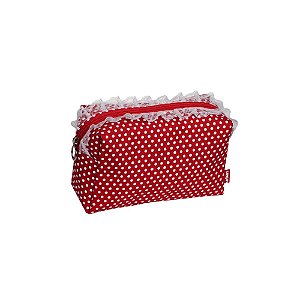 NECESSAIRE POLIESTER POIS VERMELHA C/ RENDA PEQ 9,5 X 4 X 5