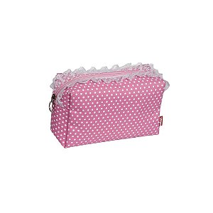 NECESSAIRE POLIESTER POIS PINK C/ RENDA PEQ 9,5 X 4 X 5 CM