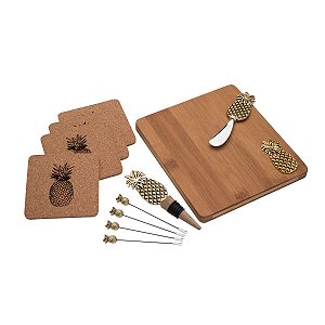 CJ 11 PCS P/APERITIVO C/TABÚA DE MADEIRA ABACAXI DOURADO 30cm