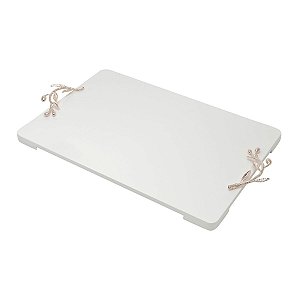 BANDEJA DE MADEIRA LAQUEADO BRANCO C/ALÇA FOLHADA ROSE 45X30X2cm