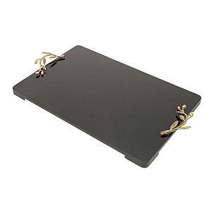 BANDEJA LAQUEADO PRETO C/ALÇA FOLHADA OURO 45X30X2cm
