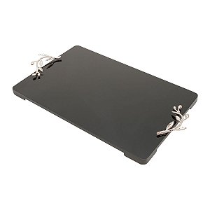 BANDEJA DE MADEIRA LAQUEADA PRETA C/ALÇA FOLHADA ROSE 45X30X2cm