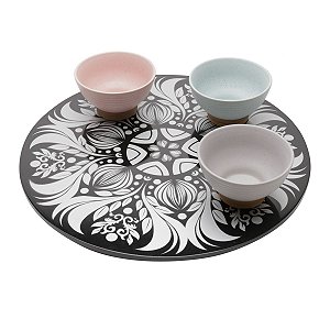 TAMPO GIRATÓRIO DE MADEIRA FLORAL PRETO E BRANCO 30cm