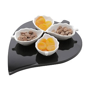 SUPORTE DE MADEIRA C/4 BOWLS DE PORCELANA LEAFES 31,5X23X4cm