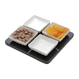 SUPORTE DE MADEIRA C/4 BOWLS DE PORCELANA 20x20x4cm