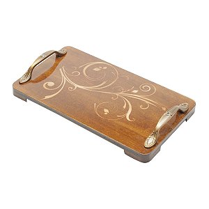 BANDEJA DE MADEIRA FLORAL VERNIZADO C/ALÇA 30X17X2CM