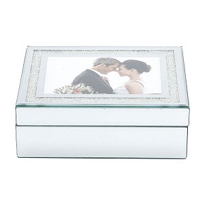 PORTA JOIA DE MADEIRA ESPELHADO C/ STRASS 21,5X16,5X7CM