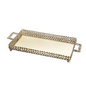 BANDEJA RETANGULAR DE FERRO E CRISTAIS DOURADO 56X25,5CM