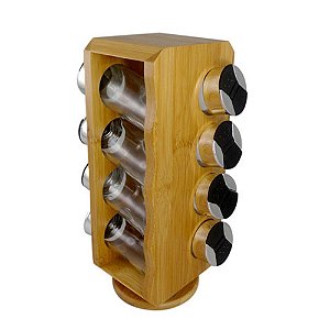 JOGO DE 8 PORTA CONDIMENTOS EM VIDRO COM SUPORTE DE BAMBU L11,55XP9XA28CM