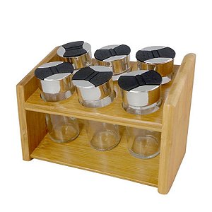 JOGO DE 6 PORTA CONDIMENTOS EM VIDRO COM SUPORTE DE BAMBU L20XP12XA14CM TRANSPARENTE