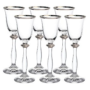 JOGO DE 6 TACAS PARA LICOR ANGELA PLATINUM RIM EM CRISTAL ECOLOGICO 60ML A17CM