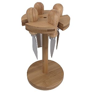 JOGO DE 4 FACAS PARA QUEIJO COM SUPORTE EM BAMBU