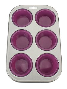 FORMA PARA CUP CAKE MUFFIN EM AÇO CARBONO E SILICONE PARA 6 UNIDADES ROXA
