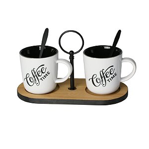 CJ P/CAFÉ C/SUPORTE BAMBU MOLDURA METAL E 2 COLHERES 20x9cm