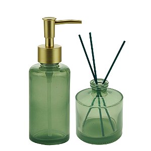 CJ 2PC PORTA SABONETE LÍQUIDO DIFUSOR VIDRO 3 PALITOS VERDE