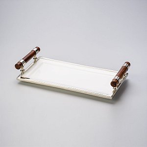 BANDEJA RETANGULAR CERÂMICA ALÇA MADEIRA BORDA METAL 35X17X7