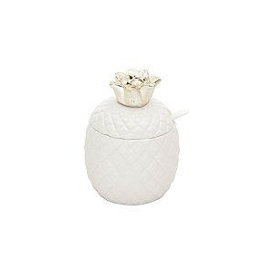 AÇUCAREIRO C/COLHER CERÂMICA ABACAXI DOURADO E BRANCO 9,5x12