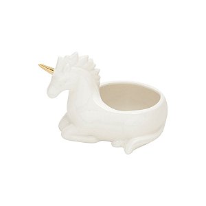 UNICÓRNIO CORATIVO CERÂMICA BRANCO CHIFRE DOURADO 15x10x11