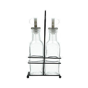 CJ GALHETEIRO DE VIDRO C/SUPORTE DE METAL PRETO 200ml