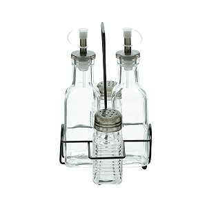 CJ 4PC GALHETEIRO  VIDRO C/SUPORTE  METAL PRETO 200ml/70ml