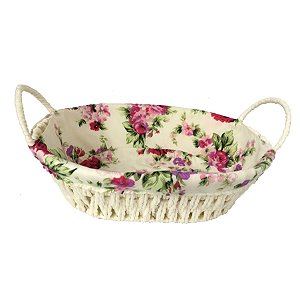 CESTA OVAL FERRO REVESTIDO TECIDO ALGODÃO 27X20X8CM COR BEGE