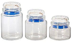 JG 3 POTES REDONDOS VIDRO LISO TAMPA AZUL 250/550/750ML
