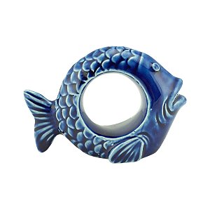 CJ 4 ANÉIS P/GUARDANAPOS CERÂMICA PEIXE OCEAN AZUL 9x6cm