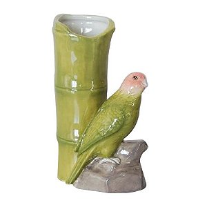 ENFEITE PASSARO BAMBU VASO RESINA 10X8X13CM COR VERDE
