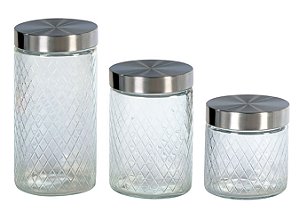 JG 3 PORTA MANTIMENTOS EM VIDRO TAMPA PRATA 870ML/1,2L/1,7L