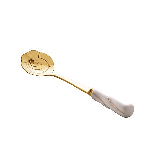 CJ 4 COLHERES AÇO INOX CHÁ CABO CERÂMICA FLOWERS DOURADO